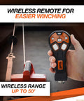 Hand holding wireless remote for Workhorse Portable Electric Winch With 39 Feet Synthetic Rope Lifts Up To 1000 Pounds.