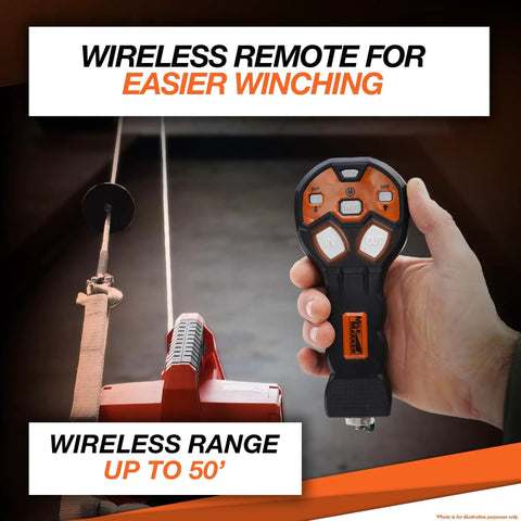 Hand holding wireless remote for Workhorse Portable Electric Winch With 39 Feet Synthetic Rope Lifts Up To 1000 Pounds.