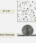Peel And Stick 12x12 Vinyl Floor Tiles 20 Pack With Mosaic Slate Pattern For Easy DIY Flooring In Kitchen Dining Room Bedroom And Bathroom No Mess Budget Friendly Quick Install No Glue Needed, showing tile size and thickness compared to a coin.