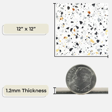 Peel And Stick 12x12 Vinyl Floor Tiles 20 Pack With Mosaic Slate Pattern For Easy DIY Flooring In Kitchen Dining Room Bedroom And Bathroom No Mess Budget Friendly Quick Install No Glue Needed, showing tile size and thickness compared to a coin.