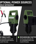 Heavy Duty Electric Drum Pump For 55 Gallon Barrels With Corrugated PE Discharge Hose and Easy Squeeze Nozzle showing optional power sources.