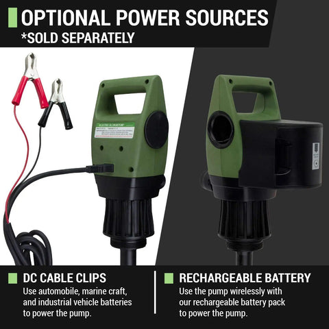Heavy Duty Electric Drum Pump For 55 Gallon Barrels With Corrugated PE Discharge Hose and Easy Squeeze Nozzle showing optional power sources.