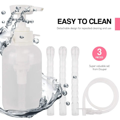 Reusable Vaginal Cleansing System For Women, 300ml Capacity, Clear Nozzle Douche, bottle, and tubing with water splash effect