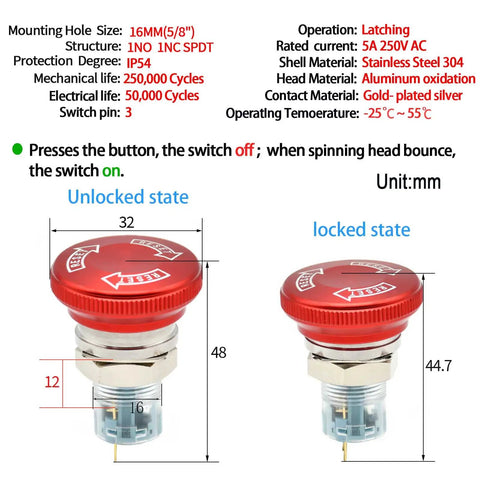 Heavy Duty 16mm Latching Emergency Stop Push Button Switch With 32mm Head In Stainless Steel 304, Wired Socket, 1NO 1NC, Aluminum Alloy Stop Cap, Ideal For 120V 12V And 5V To 220V Systems, red