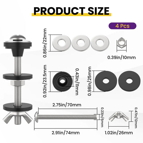 Universal Toilet Tank To Bowl Gasket Kit With Stainless Steel Bolts And Two Gasket Types, Fits 2 Inch And 3 Inch Seals, No-Fuss Leakproof Mounting Repair, Easy Flush Valve Access, Compatible With Most Toilets. Product size chart with bolts, nuts, and gaskets