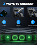 25 Inch UTV Sound Bar With Bluetooth And RGB Lighting IP66 Waterproof Amplified Powersports Speaker System For Polaris RZR Can Am And Golf Carts Weatherproof ATV Soundbar For Crisp Bass And Vivid Neon Glow showing 3 connectivity options including Bluetooth, USB, and AUX.