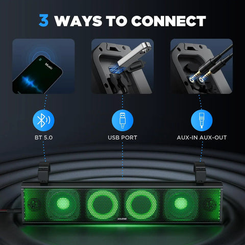 25 Inch UTV Sound Bar With Bluetooth And RGB Lighting IP66 Waterproof Amplified Powersports Speaker System For Polaris RZR Can Am And Golf Carts Weatherproof ATV Soundbar For Crisp Bass And Vivid Neon Glow showing 3 connectivity options including Bluetooth, USB, and AUX.