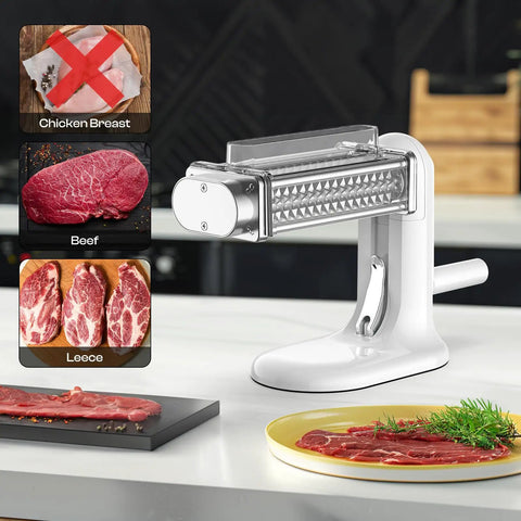 Must-Have Manual Meat Tenderizer Tool With Stainless Steel Gear on kitchen counter, suitable for beef and pork, not chicken.