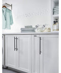 Hopewell Steel Bar Pull M993 15 Inch Center-To-Center Flat Black Cabinet Pull for Modern Kitchen and Bath on white cabinets