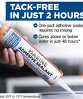 Marine Adhesive Sealant 5200 Fast Cure 10 Oz white cartridge held by hand, showing tack-free message and bullet points.