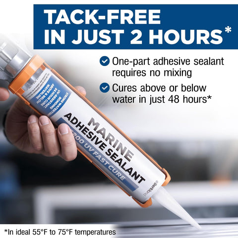 Marine Adhesive Sealant 5200 Fast Cure 10 Oz white cartridge held by hand, showing tack-free message and bullet points.