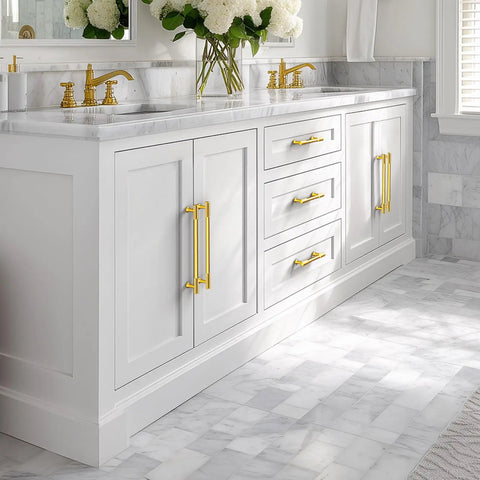 20 Pack Built Tough Brushed Brass Gold Kitchen Cabinet Pulls 5 Inch Heavy Duty Drawer Handles on white vanity.