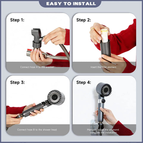 Installation steps for Gray Filtered Shower Head With High Pressure Handheld And Four Removable Spray Modes, 3 Stage Filtration.