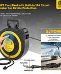 Person holding Retractable 55Ft Extension Cord Reel For Garage And Workshop, Heavy Duty 14AWG 13A SJTOW UL Listed.