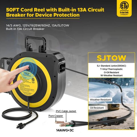 Person holding Retractable 55Ft Extension Cord Reel For Garage And Workshop, Heavy Duty 14AWG 13A SJTOW UL Listed.