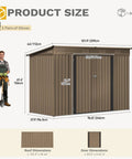 9x4ft Large Outdoor Storage Shed Metal Tool Shed with lockable doors, air vent, brown color, size and dimension details shown.