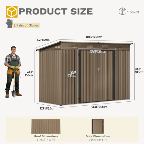 9x4ft Large Outdoor Storage Shed Metal Tool Shed with lockable doors, air vent, brown color, size and dimension details shown.