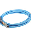 Coiled blue Heavy Duty PTFE Steam Hose For Steam Irons, Lightweight, Flexible And Built To Last, metal connectors visible.