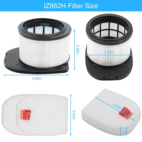 Six Pack Replacement Filter Kit For IZ862H Stratos Cordless Vacuum And IZ Series Models Including 2 foam, 2 felt filters, and sizes.