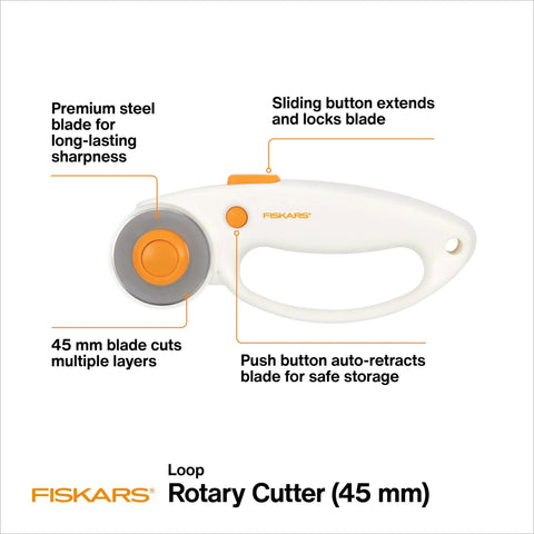 45mm Rotary Fabric Cutter With Ergonomic Loop Grip For Easy Precise Cuts, Heavy Duty Premium Steel Blade For Sewing, Quilting, And Arts