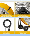 Close-up of 24 Inch Industrial Drum Fan With 8800 CFM High Velocity Air, showing handle, switch, power cord, and wheels