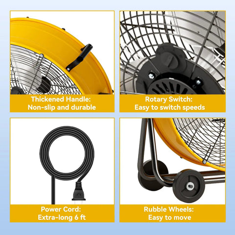 Close-up of 24 Inch Industrial Drum Fan With 8800 CFM High Velocity Air, showing handle, switch, power cord, and wheels