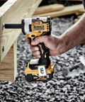 20V Max Cordless Impact Wrench With 3/8 Inch Drive, Hog Ring Anvil, Tool Only, in use tightening a fastener on wood