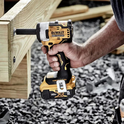 20V Max Cordless Impact Wrench With 3/8 Inch Drive, Hog Ring Anvil, Tool Only, in use tightening a fastener on wood