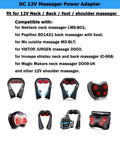 DC 12V massager power adapter compatible with various shiatsu neck and back massagers, shown with product images below text.