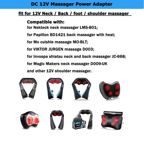 DC 12V massager power adapter compatible with various shiatsu neck and back massagers, shown with product images below text.