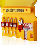 Lockout Tagout Station Kit With Loto Devices For OSHA Compliance Includes 5 Safety Padlocks 2 Hasps 25 Lockout Tags 25 Nylon Ties And A Compact Board For Easy Access And Safer Shutdown Procedures wall-mounted view