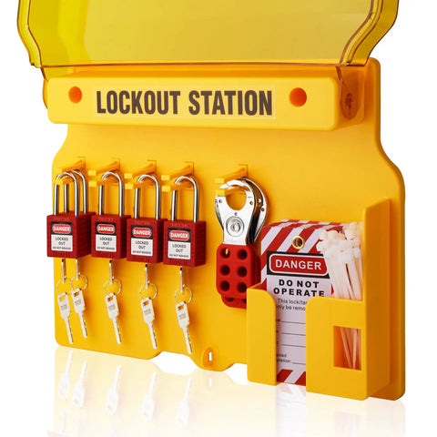 Lockout Tagout Station Kit With Loto Devices For OSHA Compliance Includes 5 Safety Padlocks 2 Hasps 25 Lockout Tags 25 Nylon Ties And A Compact Board For Easy Access And Safer Shutdown Procedures wall-mounted view