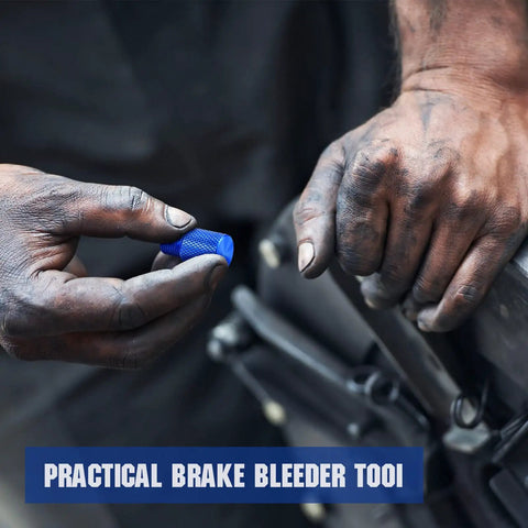 Solid Aluminum Two Piece Brake Proportioning Valve Bleeder Tool Kit For Disc And Drum Systems With Pv2 Pv4 Shuttle Valve Compatibility A No Hassle Gearhead Wrenching Workshop Essential, blue bleeder tool held in dirty hands.