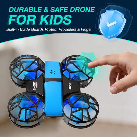 Hand interacting with Mini Kids Drone For Indoors And Outdoors RC Quadcopter with LED lights and propeller guards against blurred background.