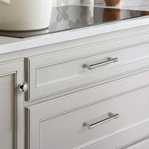 Top Tier Polished Nickel Cabinet Pulls Center To Center 3-3/4 Inch 96Mm Gang Pack 10 on white cabinets with smooth design.