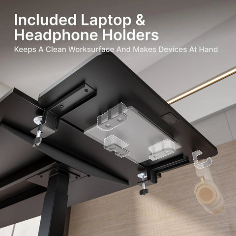Heavy Duty Desk Extender Tray With Secure Laptop Holder And Generous Extra Surface Solid Keyboard Shelf That Seriously Levels Up Your Home Office Flex In Sleek Black, featuring integrated laptop and headphone holders.