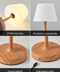 Cordless LED Wood-Grain Table Lamp With Waterproof Shower Design, PE lampshade, touch switch, USB-C port, desk light setup