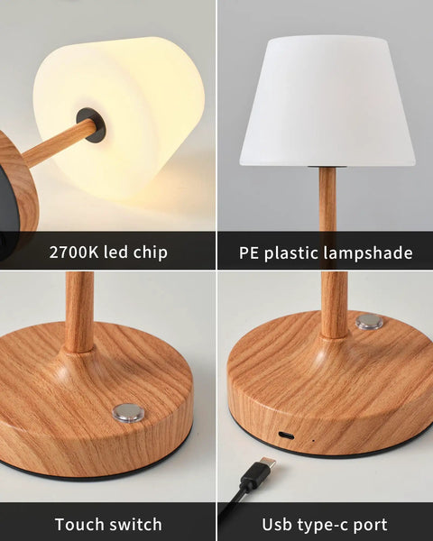 Cordless LED Wood-Grain Table Lamp With Waterproof Shower Design, PE lampshade, touch switch, USB-C port, desk light setup