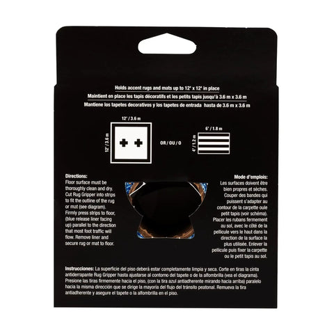 Back packaging of Indoor Rug Gripper Tape 3 Inch By 60 Foot Non Slip Carpet Tape For Removable Installations with guidelines.