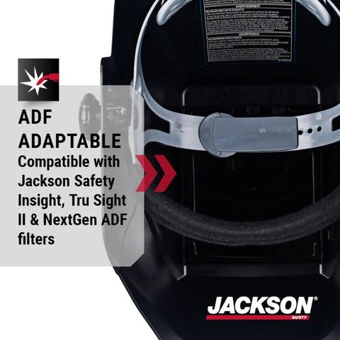 Back view of Fixed Shade Welding Helmet HSL100 W10, compatible with Jackson Safety filters, showing ADF adaptability.