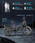 Heavy Duty 1200W Electric Fat Tire Bike For Adults With 48V 60Ah Battery 200 Mile Range details including height and weight specifications.