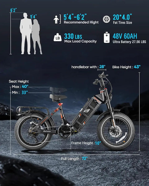 Heavy Duty 1200W Electric Fat Tire Bike For Adults With 48V 60Ah Battery 200 Mile Range details including height and weight specifications.