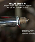 Close-up of Extra Deep Spark Plug Socket Three Eighths Drive Nine Sixteenths Size CRMO Alloy Steel with rubber grommet holding spark plug
