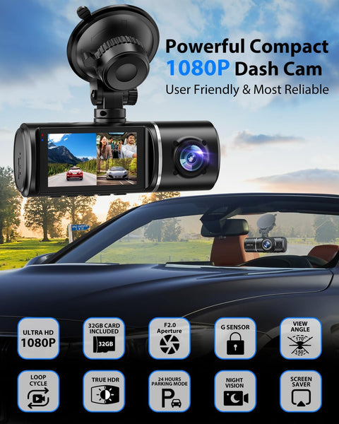 No Fuss Triple Channel Dash Cam System With Front Cabin And Rear View Cameras 1080P Car Camera Pack With 32GB Card Included
