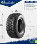 Turf Saver Tire 20X8-10 Lawn And Garden Tubeless 4 Ply Tough As Nails Non Highway Tire with size dimensions for UTVs and tractors.