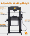 Heavy Duty 50 Ton H Frame Hydraulic Shop Press With Solid Steel Build And Floor Plates Designed For Garage Work And Auto Repair Jobs Built Tough To Handle Daily Grind Without Compromise, showcasing adjustable working height and detailed measurements.