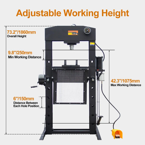 Heavy Duty 50 Ton H Frame Hydraulic Shop Press With Solid Steel Build And Floor Plates Designed For Garage Work And Auto Repair Jobs Built Tough To Handle Daily Grind Without Compromise, showcasing adjustable working height and detailed measurements.
