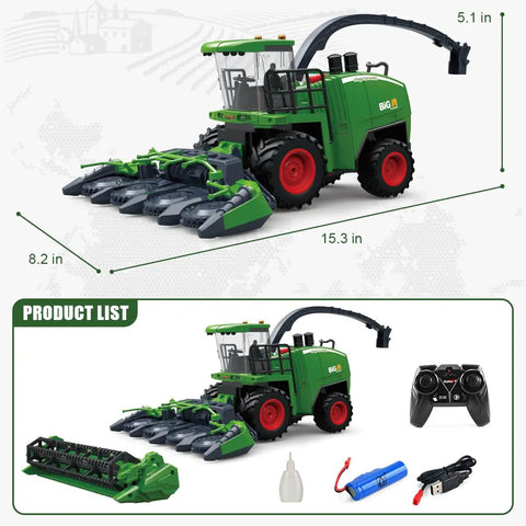 Remote Control Harvester Tractor With Dual Grain Combine Heads, 2.4GHz RC Farm Vehicle Toy With Lights And Spray shown with accessories