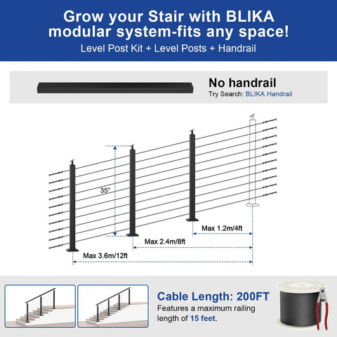 Adjustable Stair Cable Railing Post Kit For Twenty Five To Thirty Five Degree Angles, DIY Friendly Black Swageless System With Thirty Six Inch Posts, Includes Three Stair Posts And 200 Feet Of One Eighth Inch Stainless Cable No Handrail