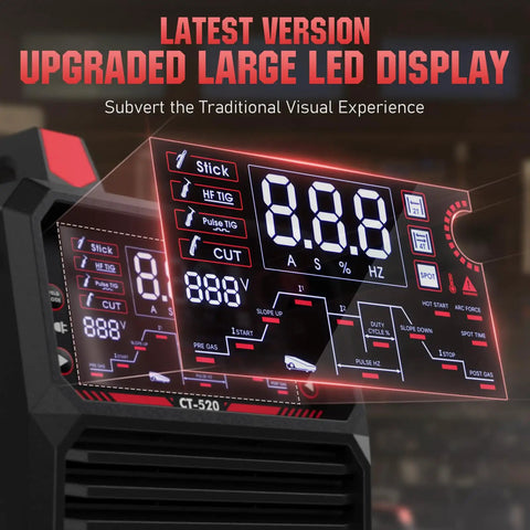 Large LED display of Five In One Tig Welder And Plasma Cutter All Purpose Welding Machine showing settings overview.